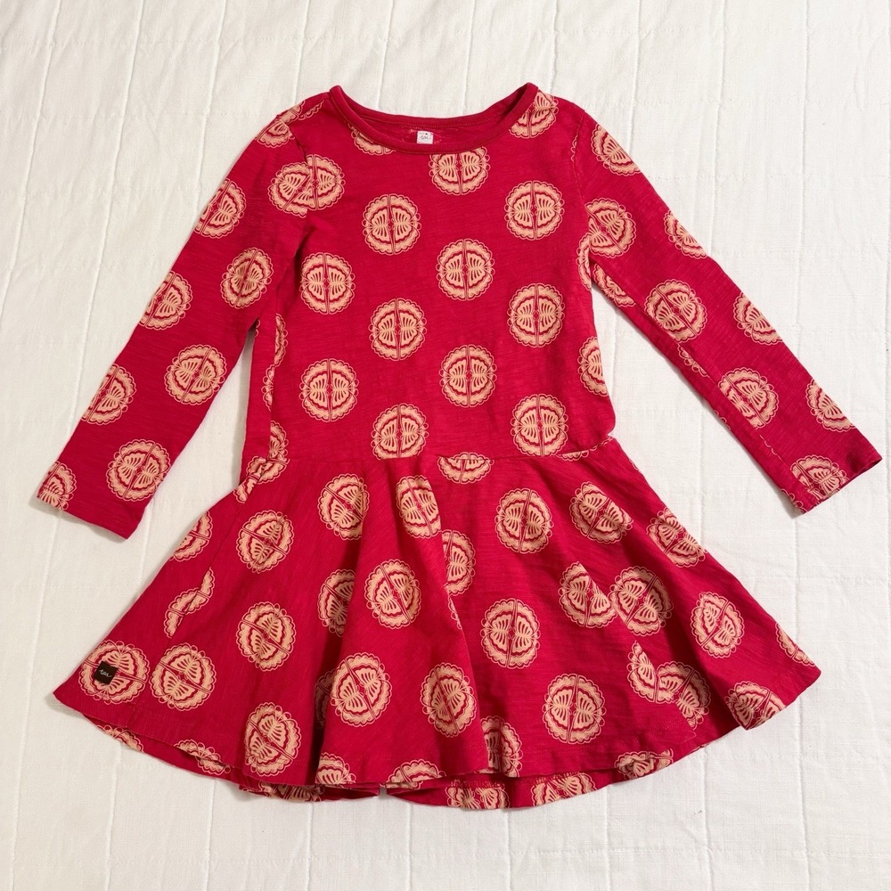 Tea Collection Red Kaguya L Skirted Dress Size 5 Long Sleeve